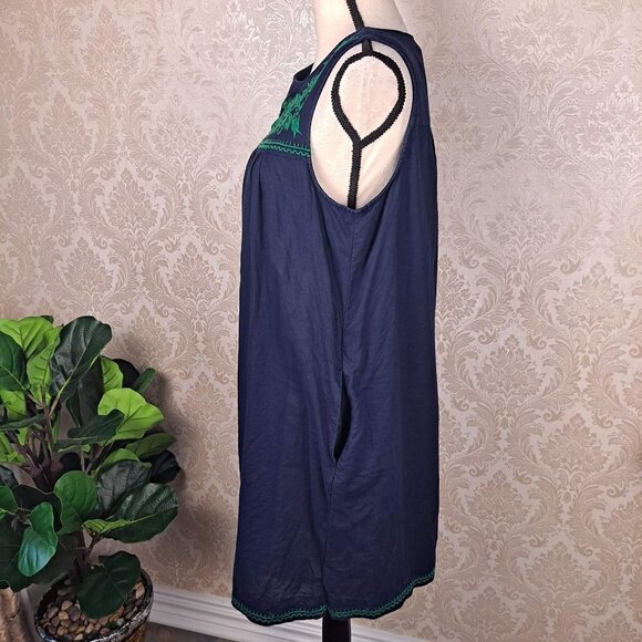 J Crew Size Medium Navy Blue Shift Dress Green Embroidery Linen/Cotton Slvls EUC - Picture 7 of 13